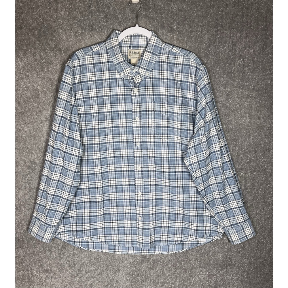 LL Bean Button Down Shirt Men Sz Large Blue Plaid Traditional Fit Pocket Stretch